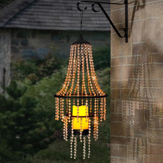 Hanging Candle Chandelier Outdoor, Battery Operated Clear Acrylic Beaded Chandelier with Flickering Led Candle Light S Hooks Modern Lantern for Garden Yard Patio Gazebo Room Indoor Decorations, 28”H