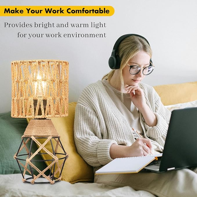 Hamilyeah Boho Table Lamps Set of 2, Industrial Bedside Lamps with Woven Shade, Farmhouse Lamps for Night Stands with On/Off Switch, Modern Simple Desk Lamps for Bedroom, Living Room, Office