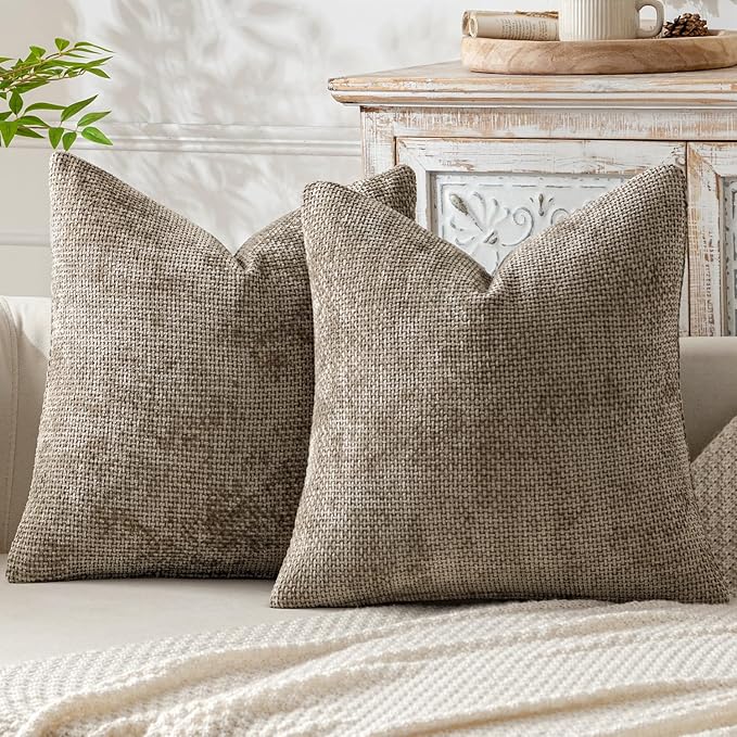 MIULEE Pack of 2 Couch Throw Pillow Covers 18x18 Inch Neutral Khaki Modern Boho Accent Decorative Pillow Covers Soft Chenille Farmhouse Cushion Covers for Home Decor Bed Sofa Living Room