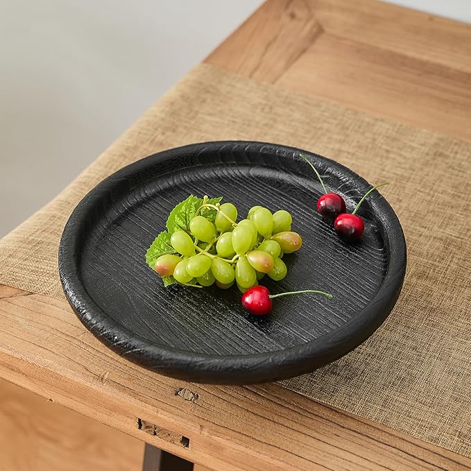 Round Light Wood Serving Tray with 4 Legs,12 Inch Rustic Decorative Tray for Home Decor,Black Footed Pedestal for Countertop, Kitchen, Bathroom, Bedroom (Plants, Candles, Artwork)