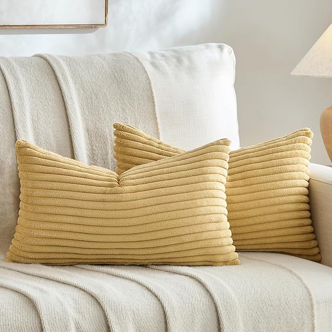 Fancy Homi Set of 2 Mustard Yellow Fall Lumbar Rectangle Decorative Throw Pillow Covers 12x20 Inch for Living Room Couch Bed Chair, Soft Textured Corduroy Aesthetic Farmhouse Home Decor 30x50 cm