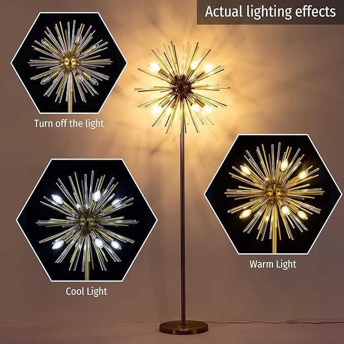 Wellmet Gold Floor Lamp for Living Room, Mid Century Modern Floor Lamps for Bedroom, Brass Finish, 65.3 Inch Tall Unique Metal Floor Lamp for Corner Decorative, Globe Shade (Gold)