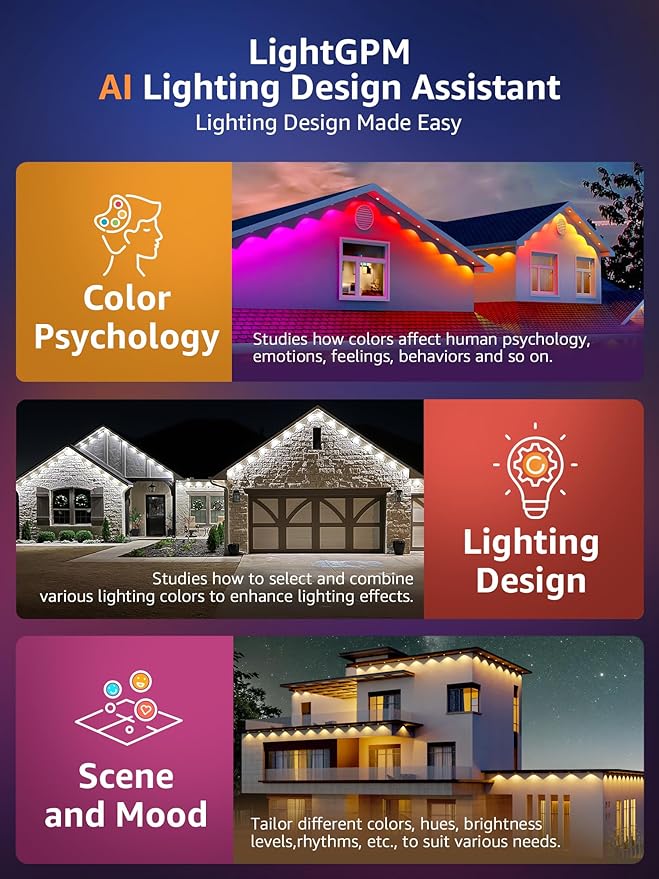 Lepro E1 AI Permanent Outdoor Lights APP Control, 100ft 60 LED Smart RGB+IC+Warm/Cool White House Eave Light for Halloween Christmas, Alexa Google Enabled, 2.4 GHz WiFi/Bluetooth, NO Remote Controller