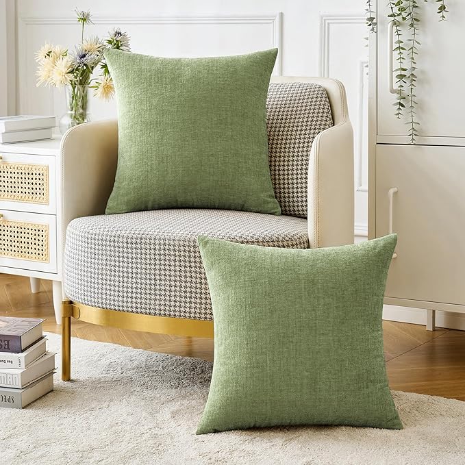 MIULEE Pack of 2 Couch Throw Pillow Covers 26x26 Inch Spring Soft Sage Green Chenille Pillow Covers for Sofa Living Room Solid Dyed Pillow Cases