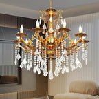 Luxury Copper Crystal Chandelier, 32" Vintage K9 Crystal Pendant Light with 10 Lights, Antique Brass Ceiling Light Fixture with Scrolled Arms for Dining Room Living Room Foyer Villa Hotel