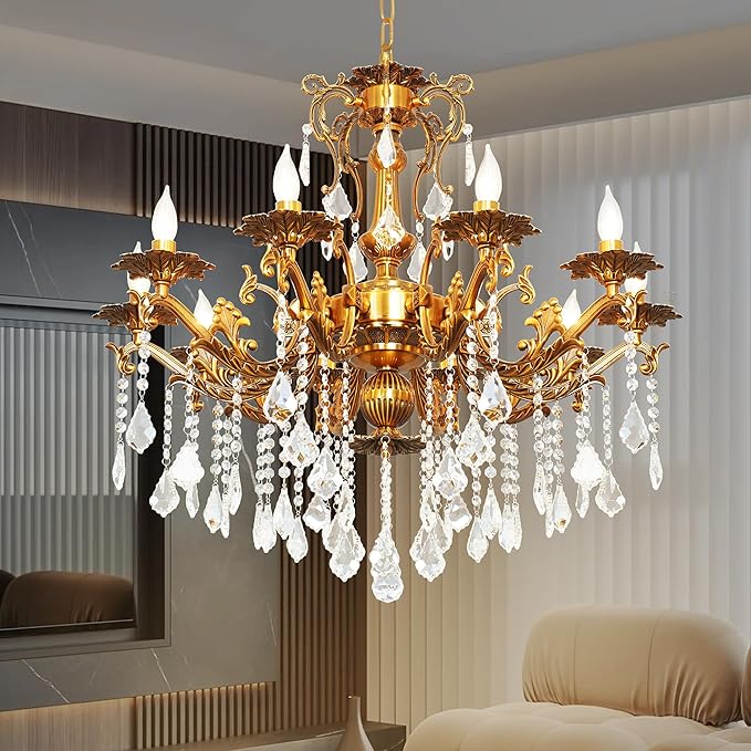 Luxury Copper Crystal Chandelier, 32" Vintage K9 Crystal Pendant Light with 10 Lights, Antique Brass Ceiling Light Fixture with Scrolled Arms for Dining Room Living Room Foyer Villa Hotel