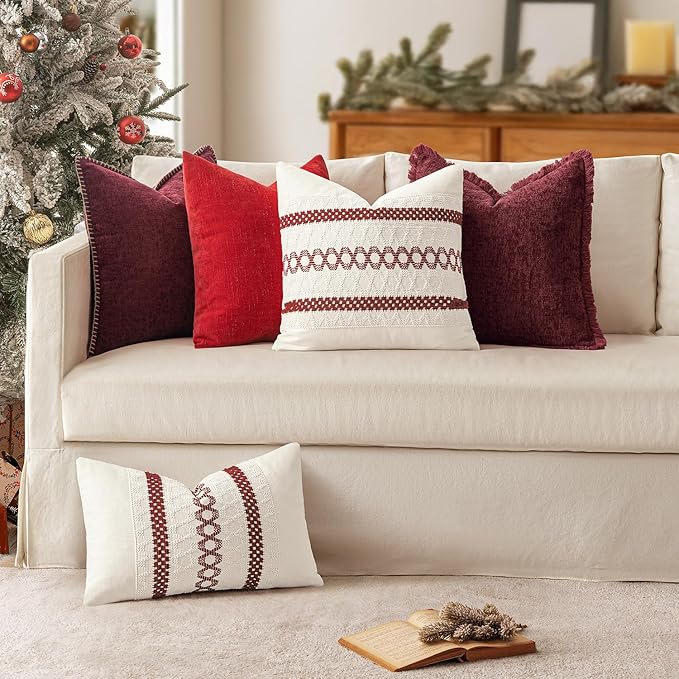 MIULEE Set of 2 Christmas Burgundy Boho Decorative Pillow Covers 18x18 Inch Farmhouse Rustic Couch Throw Pillows Modern Cotton Cushion Covers Retro Cute Macrame Woven Home Decor for Bed Sofa Chair