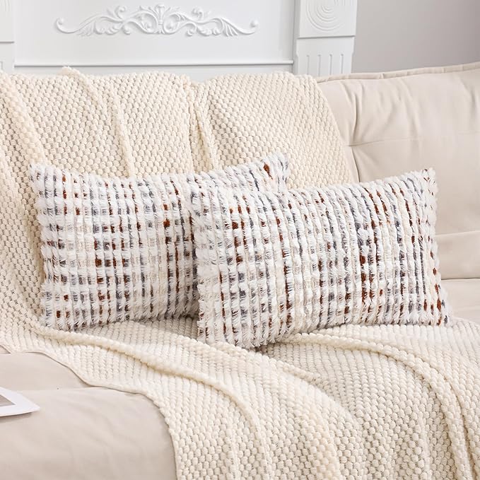 LUOYEHK Boho Throw Pillow Covers 12x20 Inch Set of 2 Farmhouse Neutral Pillow Covers Chenille Tufted Pillowcase for Couch Sofa Bed Living Room, Brown White