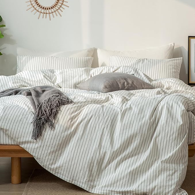 MooMee Striped Duvet Cover Set 100% Washed Cotton Linen Like Textured Breathable Durable Soft Comfy (White Dark Grey Wide Stripes, Twin 68"x90")
