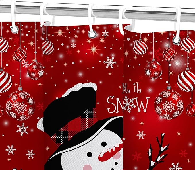 Christmas Snowman Shower Curtain, Red Xmas Ball Cute Winter Snowman Shower Curtain Christmas Holiday Decor, Durable Fabric Machine Washable with Hooks, 72 x 72 Inches