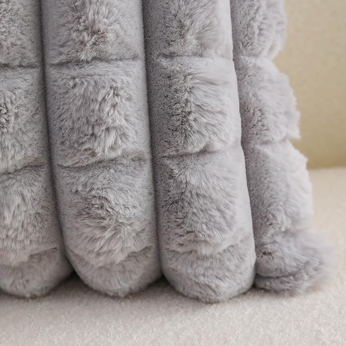 Neelvin Grey Faux Fur Cozy Soft Plaid Decorative Throw Pillow Covers 16x16 inch Set of 2,Velvet Pillowcase Cushion Case for Sofa Couch
