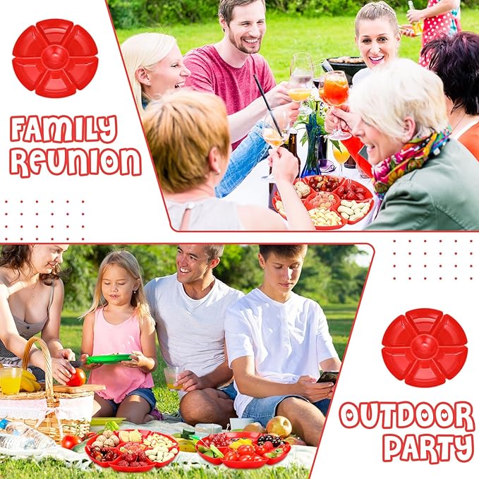 Zhehao 6 Pcs Plastic Divided Serving Trays with 60 Pcs Disposable Fork, 7 Compartments Round Chip Dip Plate, Petal Shape Platter, 10.6'' Snacks Serving Dish for Party Candy Nuts Fruits (Red)
