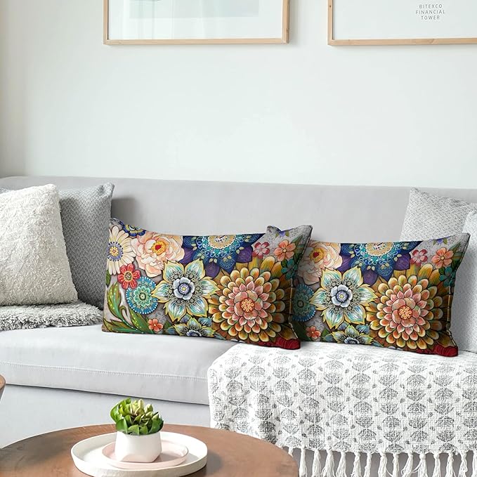 Snycler Boho Floral Throw Pillow Covers Set of 2 Colorful Boho Flower Decorative Cushions Pillowcase for Bedroom Sofa Home Decor, 12x20 Inch, Velvet, Short Plush