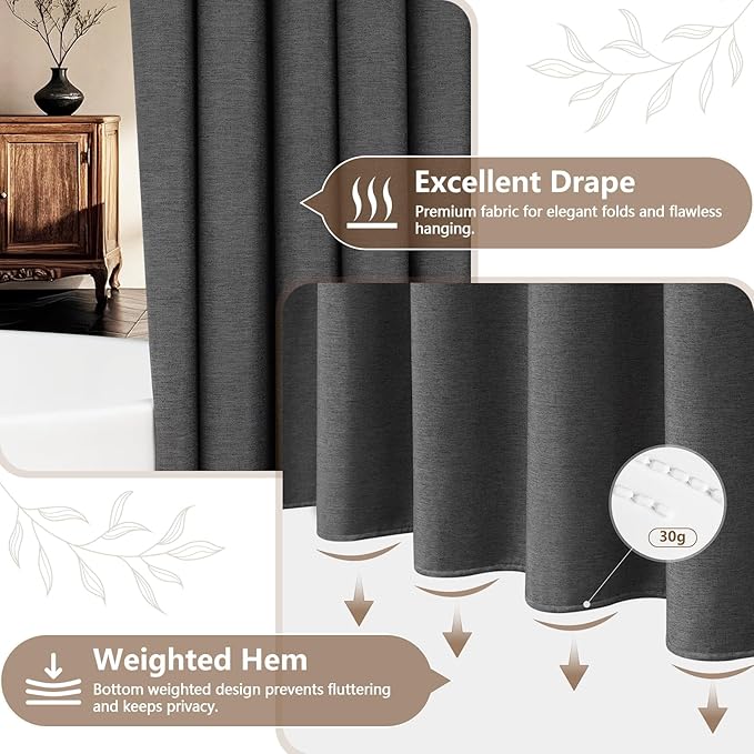 Rustic Country Faux Linen Shower Curtain Charcoal Grey, Heavyweight Polyester Fabric Shower Curtain Water-Resistant, 72 x 72 Inch Dark Gray Linen Look Hotel Bathroom Curtain Washable