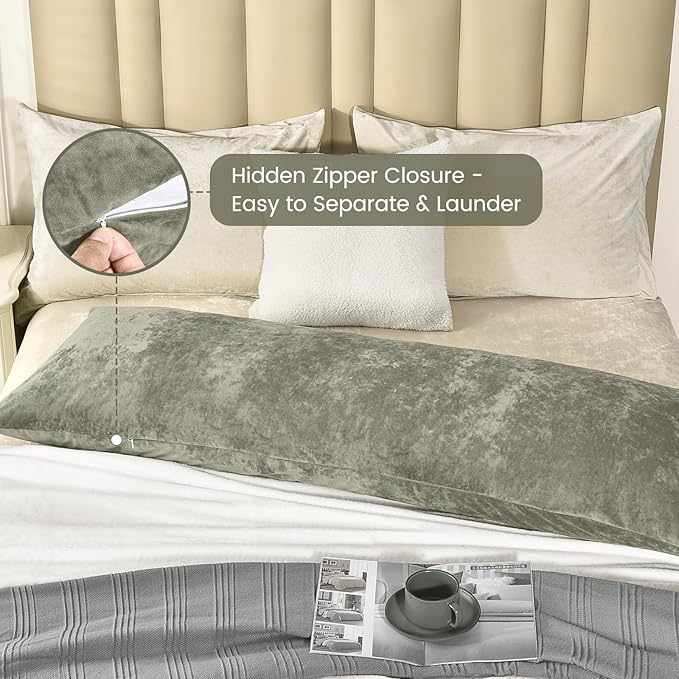 PHF Truly Velvet Zippered Body Pillowcase, No Insert, 1 Pack Ultra Soft Breathable Pillow Sham Cover with Zipper, 20"X 54" Long Luxury Cozy Warm Fuzzy Flannel Body Pillow Case, Smokey Olive