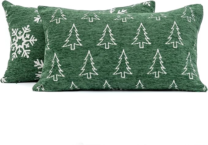 2 Pack Soft Chenille Christmas Reversible Throw Pillow Covers 12x20, Holiday Double-Sided Snowflake & Tree Cushion Cases for Sofa Couch Living Room(Green,20x12)