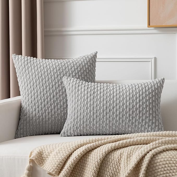 Kevin Textile Set of 2 Decorative Pillows Covers for Couch Striped Boho Velvet Sofa Pillow Covers 40x40cm 16 x 16 Inch Light Grey