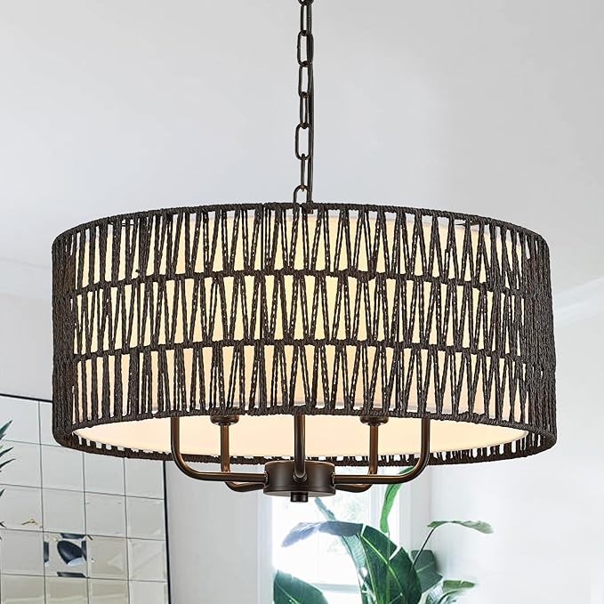 Boho Hand-Woven Black Rattan Chandelier with Linen Vintage Farmhouse Bamboo Drum Chandeliers Light Fixture Modern Wicker Rattan Chandelier for Dining Room, Kitchen, Living Room
