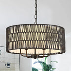 Boho Hand-Woven Black Rattan Chandelier with Linen Vintage Farmhouse Bamboo Drum Chandeliers Light Fixture Modern Wicker Rattan Chandelier for Dining Room, Kitchen, Living Room