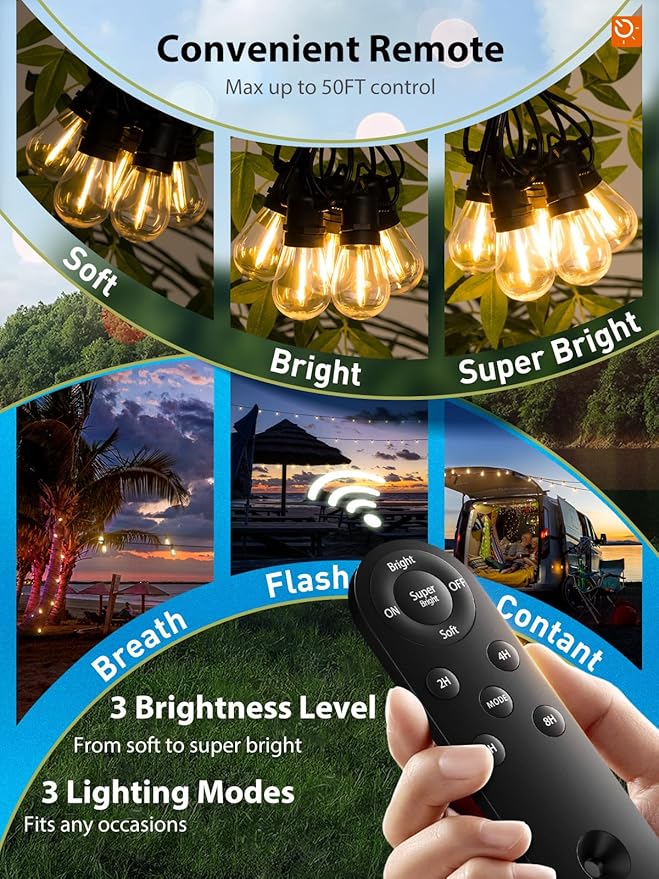 KYY 54FT Solar String Lights Outdoor Waterproof with USB Charging & Remote, Dimmable & Timable, Solar Powered Patio Lights with LED Shatterproof Bulbs for Deck Backyard Porch Garden Camping