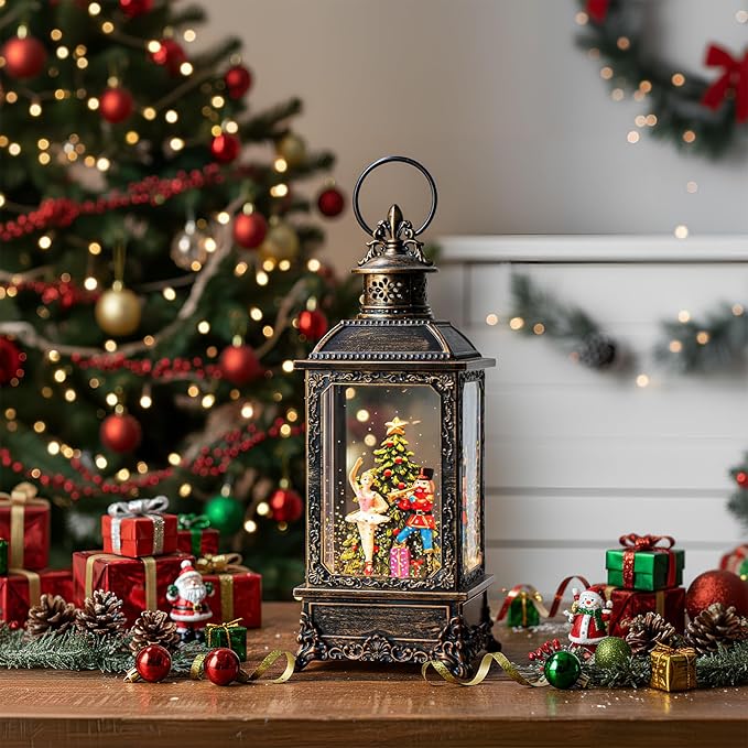Christmas Snow Globe Lantern Water Glittering Nutcracker Ballerina with Music & Timer, USB Lined/Battery Operated Lighted Lantern for Christmas Festival Decoration Gifts