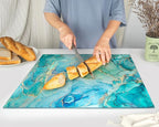 Glass Cutting Board 20”x16”: Tempered Glass Kitchen Counter Protector - Durable- Scratch-Resistant, Heat-Proof - Design 9 - Teal Ocean