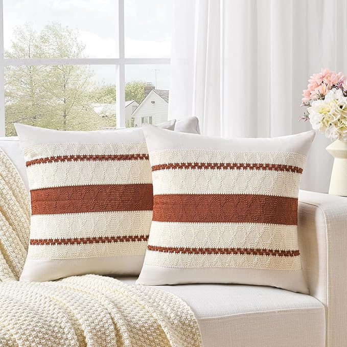 Fancy Homi Set of 1 Rust Boho Big Decorative Throw Pillow Covers 24x24 Inch for Couch Bed Sofa, Aesthetic Modern Organic Fall Room Decor, Soft Cotton Terracotta Textured Farmhouse Cushion Case