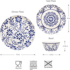Bzyoo 12-Piece Melamine Dinnerware Set - Indigo Floral | Lightweight, Durable, BPA-Free | Dishwasher Safe Dish Set for Indoor & Outdoor Use - Perfect for Camping, BBQs, Kids Parties
