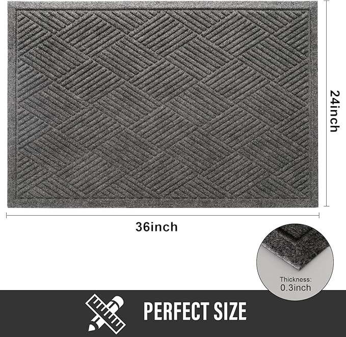 Sturdy Front Door Mat, Absorbent Muddy Dirt Resist Welcome Door Mats Outdoor Indoor, Stain and Fade Resistant, Non-Slip Rubber Backing Low Profile Doormat for Entryway, 36×24, Grey