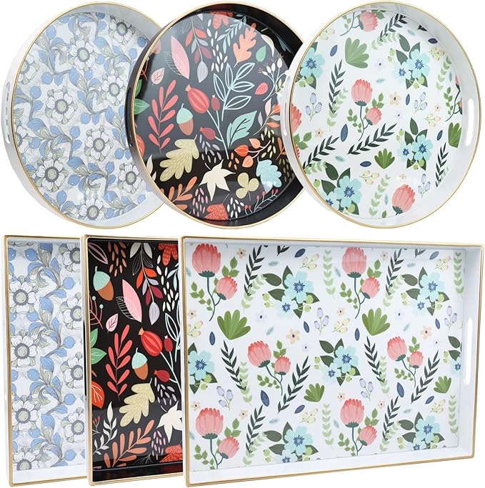 Round Serving Tray with Handles, Coffee Table Tray for Ottoman, Organizer Vanity Tray for Living Room, Outdoor Tray for Patio Entertaining, Serving Breakfast Kitchen Platter LEE33BLH