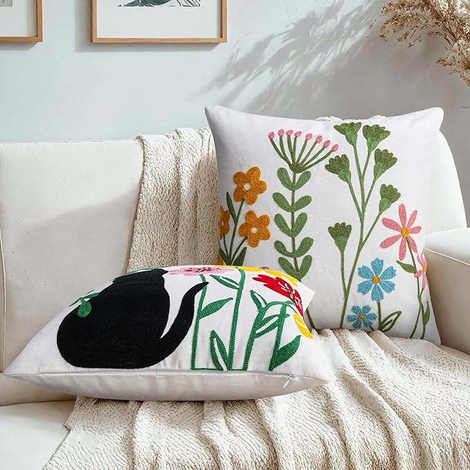 Adabana Neutral Decorative Floral Pillow Covers 18x18 Inch Boho Embroidered Throw Pillow Cover Farmhouse Couch Cushion Cases for Bed Sofa Bedrrom Living Room Decor,Spring Floral