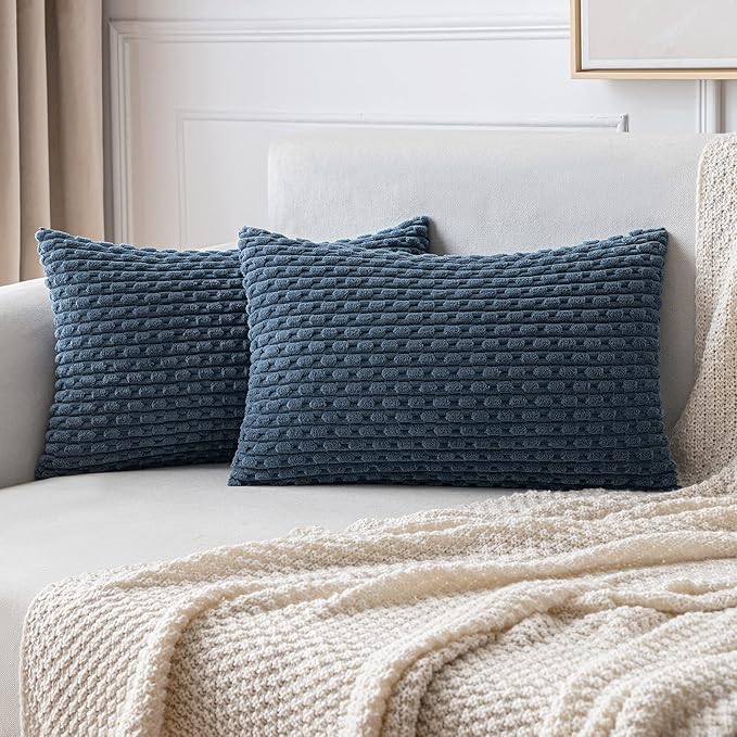 MIULEE Pack of 2 Decorative Lumbar Throw Pillow Covers 12x20 Inch Soft Boho Striped Textured Corduroy Pillow Covers Modern Farmhouse Home Decor for Couch Bed Sofa Living Room Blue