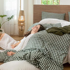 MooMee Gingham Duvet Cover Set 100% Washed Cotton Linen Like Textured Breathable Durable Soft Comfy Modern Checkered Design (Forest Green Gingham, Cal King 104"x98")