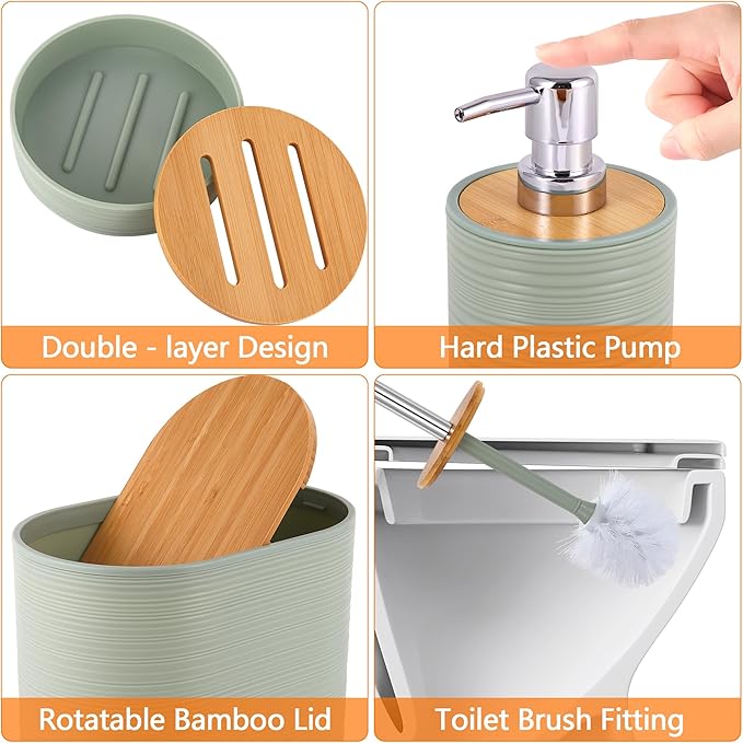LightGreen Bathroom Set, 25 PCS Bathroom Accessories Set with Shower Curtains, Rugs, Trash Can, Toothbrush Holder, Soap Dispensers, Toothbrush Cup, Vanity Tray, Soap Dish, Toilet Brush, Qtip Holders
