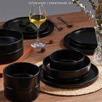 Onader 16 Piece Dinnerware Sets with Serving Bowls for 4, Stoneware Plates and Bowls Dish Sets, Ceramic Dinner Ware Dishware for Kitchen Dining, Chip & Scratch Resistant - Ebony Black