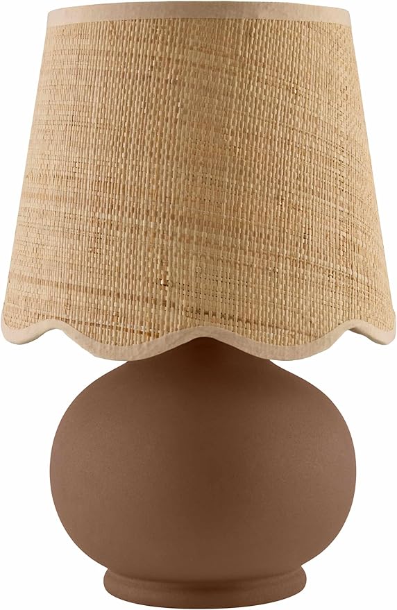 BoutiqueRugs Navarro Boho Ceramic Bedside Table Lamp for Bedroom Nightstand and Living Room - Shade Rattan - Brown, Beige - 13" H