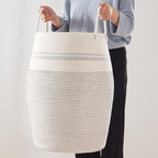 OIAHOMY Laundry Hamper Woven Cotton Rope Large Clothes Hamper 25.6" Height Tall Laundry Basket with Extended Cotton Handles for Storage Clothes Toys in Bedroom, Bathroom, Foldable (Light Grey)