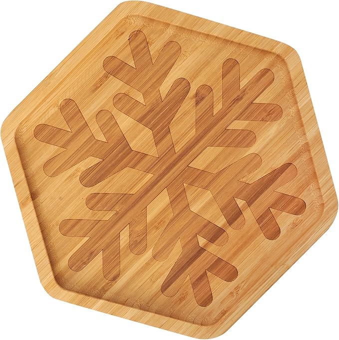 WILLKOMMEN Christmas Serving Tray, Bamboo Snowflake Shaped Serving Platter, Charcuterie Board Serving Dishes 10" x 9" for Party Cookie Fruit Tray Cheese Board Plate