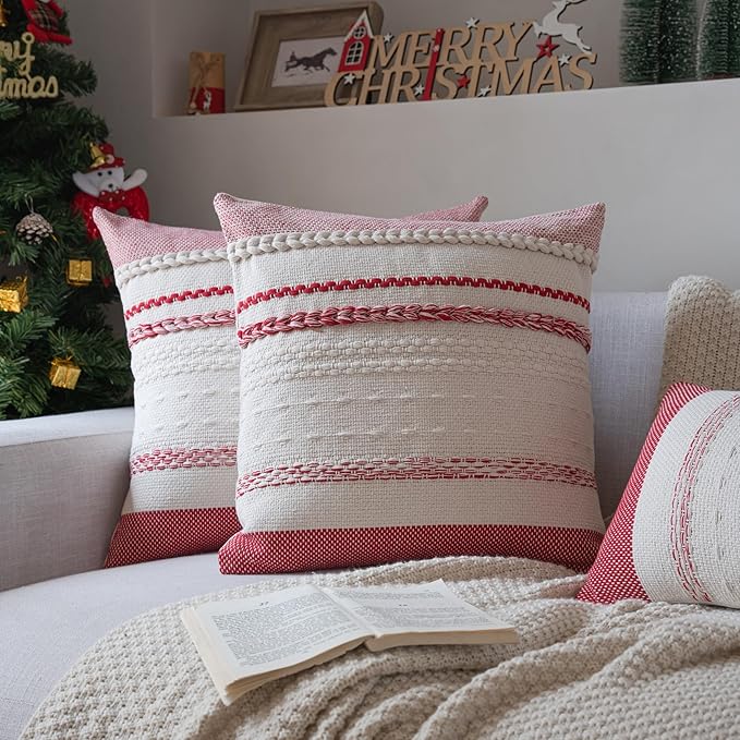 Christmas Pillow Covers 20x20 Inch Set of 2, Red Textured Boho Christmas Decorative Couch Pillow Cases for Farmhouse Home Decor, Accent Cushion Cover for Sofa, Bed, Living Room, Bedroom
