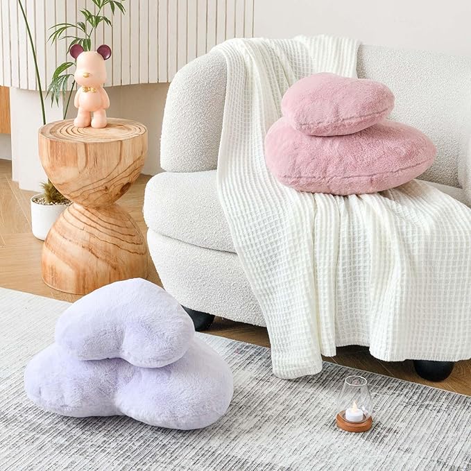Dusty Pink Heart Pillows, Cute Heart Decorative Pillow, Heart Shaped Throw Pillows for Bed, Faux Rabbit Fur Plush Hoom Decor Pillow Cushion for Chair Sofa Living Room (Large-19.6"x15.7")