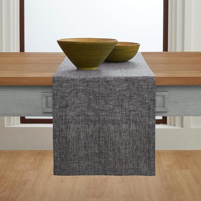 Solino Home Linen Chambray Black Table Runner 90 Inches Long - Athena, 100% Pure Linen Dining Table Runner 14 x 90 Inch for Halloween, Thanksgiving, Holiday