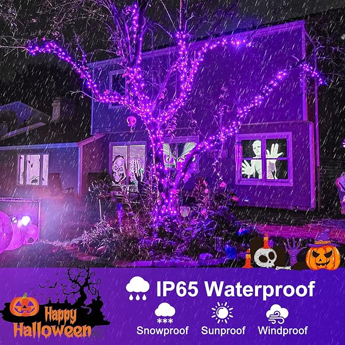 Purple Halloween Lights, 66FT 200 LED Halloween Lights Outdoor with 8 Modes Waterproof, Connectable String Light Indoor Green Wire for Tree Garden Patio Party Holiday Decorations