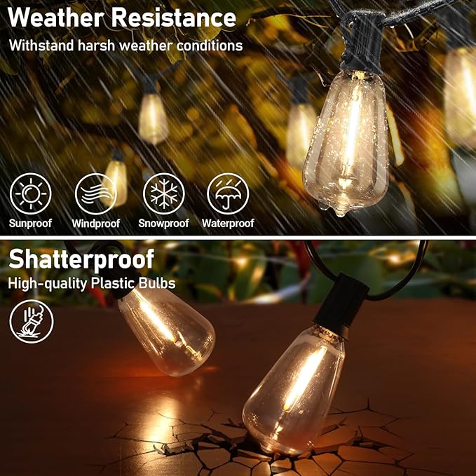 Bosceos 150FT Solar String Lights for Outside, Solar Powered Patio Lights with 52 Shatterproof ST38 Edison Bulbs & Remote Control,Dimmable LED Solar String Lights for Outside Waterproof