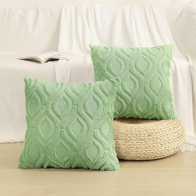 decorUhome Throw Pillow Covers 18x18 Inch Set of 2, Soft Plush Decorative Faux Fur Sage Green Solid Couch Pillow Covers, Accent Farmhouse Neutral Square Euro Pillow Cases for Sofa Bed Living Room
