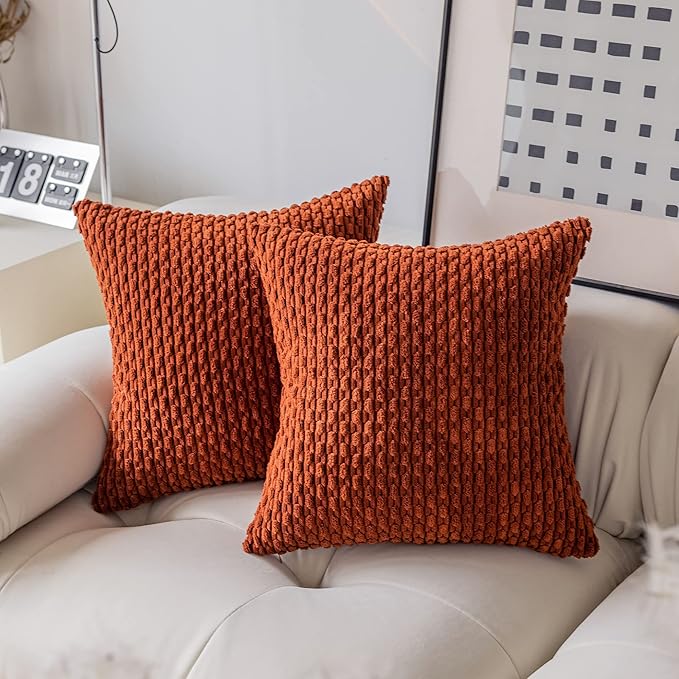 Kevin Textile Fall Pack of 2 Corduroy Decorative Throw Pillow Covers 20x20 Inch Soft Boho Striped Pillow Covers Modern Farmhouse Home Decor for Sofa Living Room Couch Bed Burnt Brick