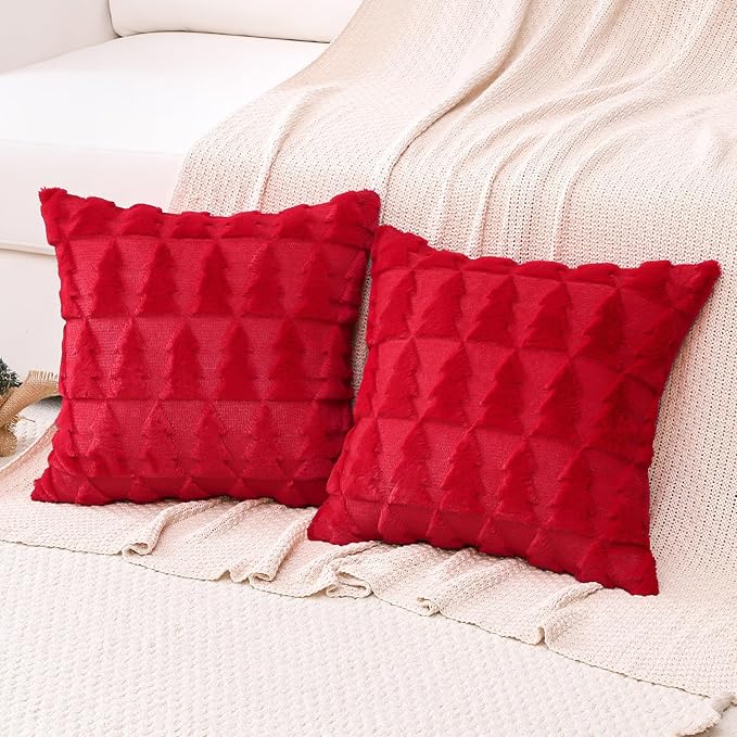 OTOSTAR Set of 2 Xmas Soft Plush Short Wool Velvet Decorative Throw Pillow Covers Square Luxury Style Cushion Case Pillow Shell for Sofa Bedroom Christmas Tree Red, 28x28 Inch