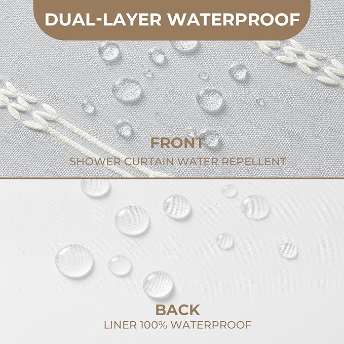 downluxe Linen Texture 3 in 1 Farmhouse Shower Curtain Set with Tassel, Boho Fabric Shower Curtains for Bathroom, Grey, 36W x 72L