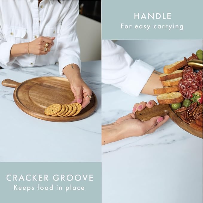 Charcuterie Board - Round Acacia Wood Cutting Board for Kitchen with Groove & Handle, Cheese Board for Vegetables, Bread, Fruits, Meat - Decorative Wooden Serving Tray House Warming Gift
