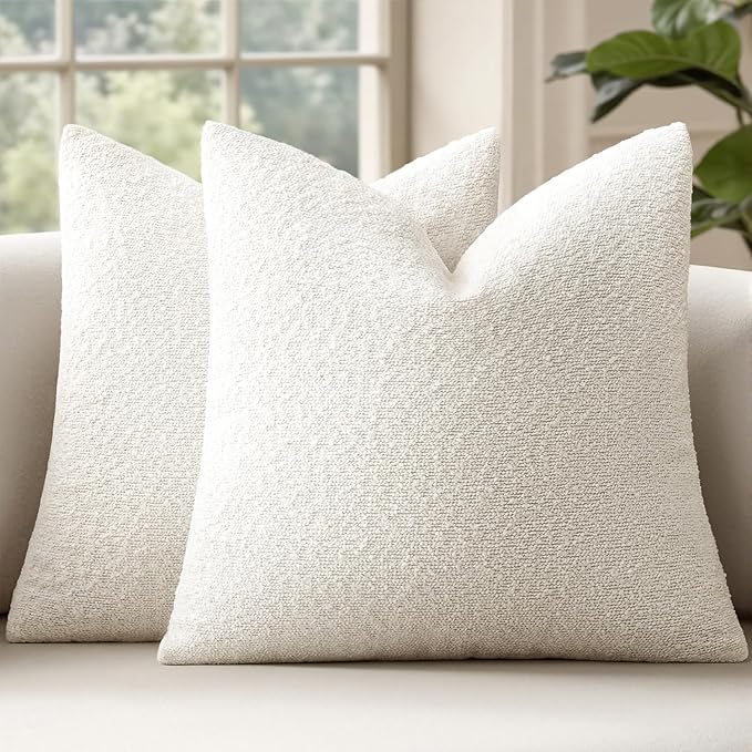 MIULEE 26x26 Decorative Euro Sham Throw Pillows for Bed Set of 2 Textured Boucle Neutral Winter Throw Pillow Covers White Accent Solid Vintage Pillowcases Sofa Livingroom Home Decor