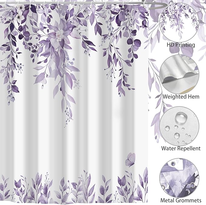 Eucalyptus Shower Curtain, Light Purple Watercolor Leaves with Floral Botanical Bathroom Decor, Waterproof Fabric Bath Curtain Set with Hooks, 72x84 Inches